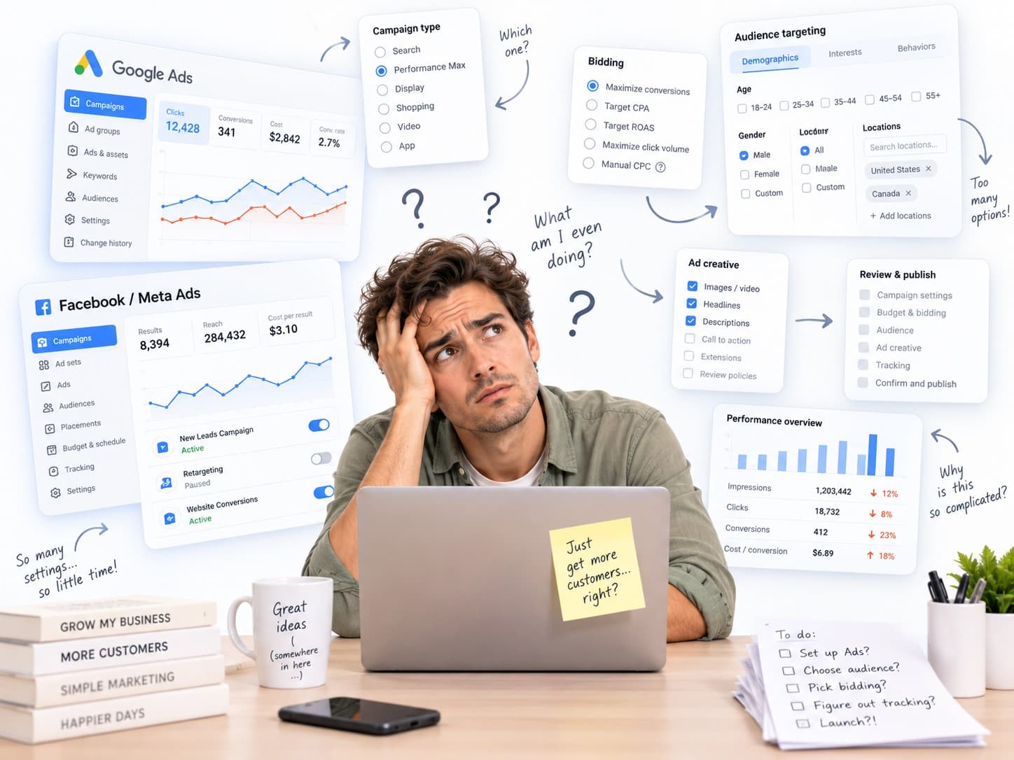 A small business owner surrounded by Google Ads and Meta Ads settings panels, asking which campaign type, which bidding strategy, and why it is all so complicated.